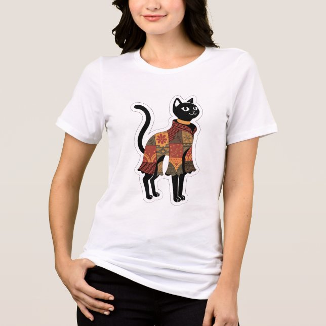 Boho-Patchwork-Schwarzkatze-Grafik-T-Shirt Tri-Blend Shirt (Vorderseite)