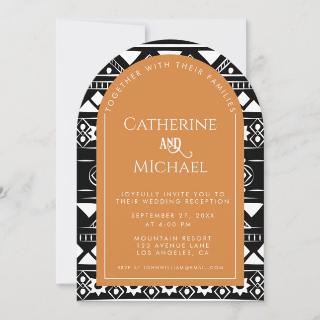 Boho Pattern Foto Arch Orange Hochzeitsempfang Einladung (Vorderseite)