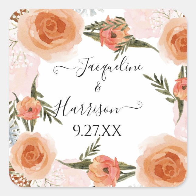BOHO Peach Blush Blumenrost Grüne Wasserfarbe Quadratischer Aufkleber (Vorderseite)