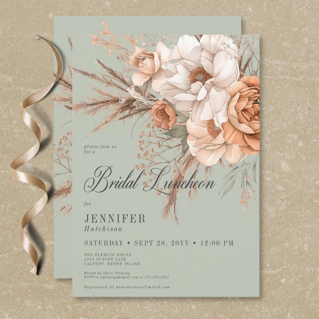 Boho Peach & Cream Floral Green Bridal Luncheon Einladung (Boho Peach & Cream Floral Green Bridal Luncheon Invitation)