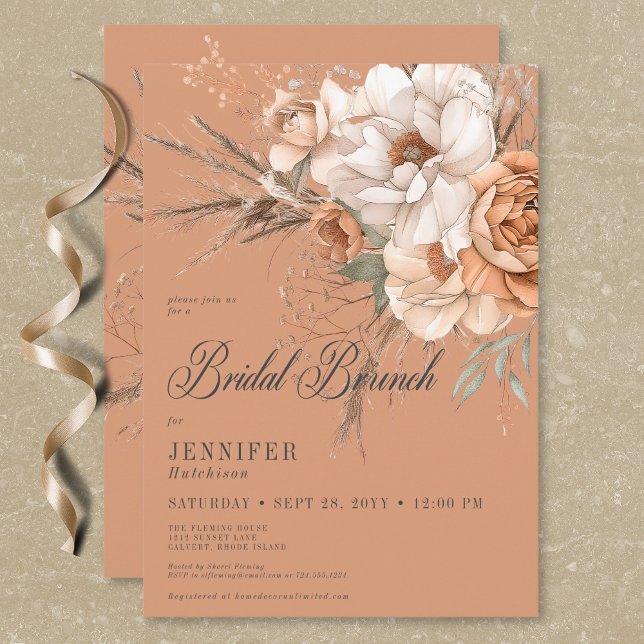 Boho Peach & Cream Floral Rust Bridal Brunch Einladung (Boho Peach & Cream Floral Rust Bridal Brunch Invitation)