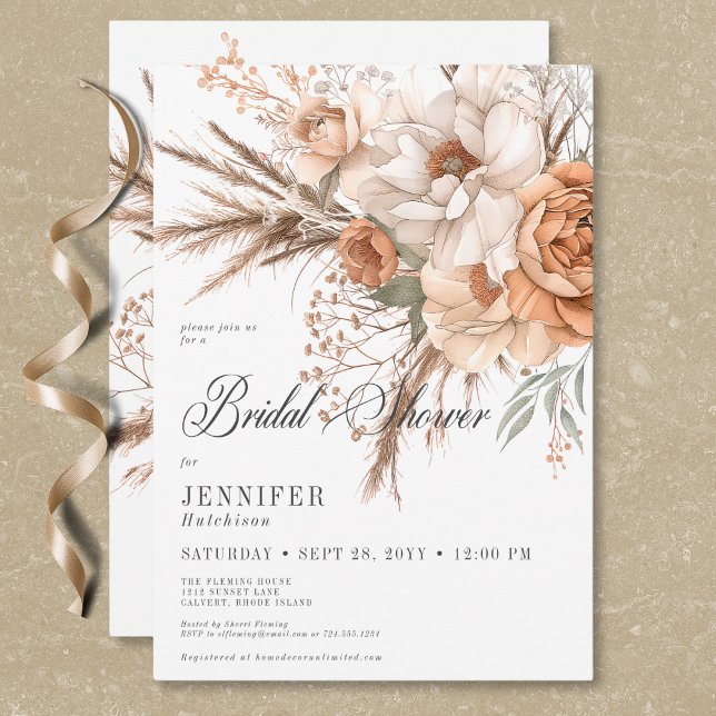 Boho Peach & Cream Floral White Brautparty Einladung (Boho Peach & Cream Floral White Bridal Shower Invitation)