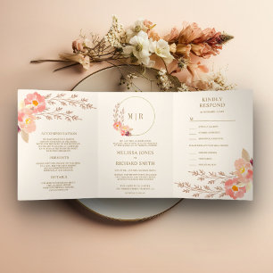 Boho Peach floral alles in einer Elfenbeinhochzeit Dreifach Gefaltete Einladung
