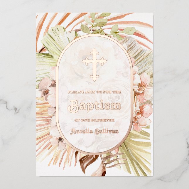 Boho Peach Floral Bouquet Taufen Einladung (Vorderseite)