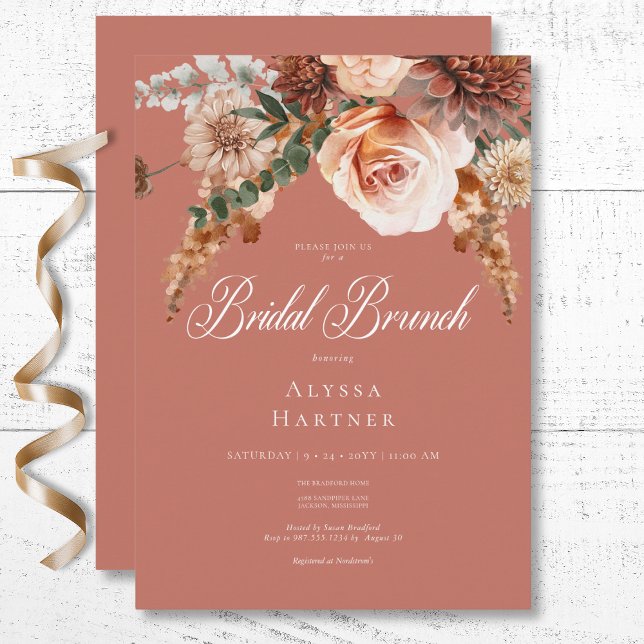 Boho Peach & Rust Blumenrost Bridal Brunch Einladung (Boho Peach & Rust Floral Rust Bridal Brunch Invitation)