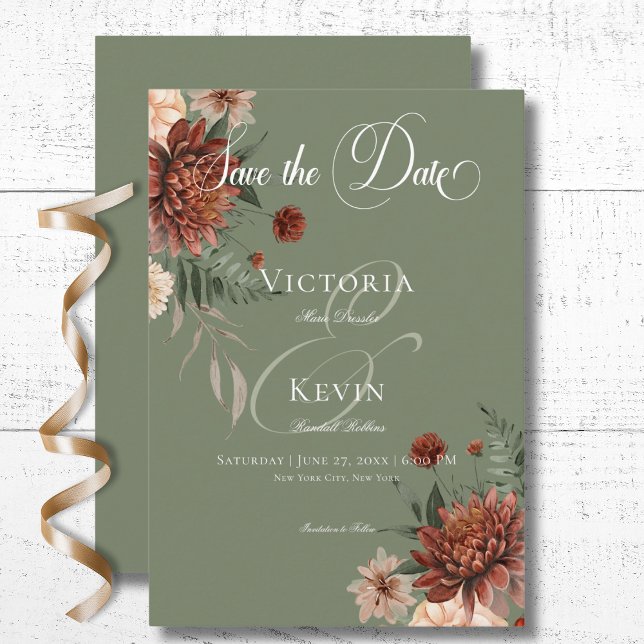 Boho Peach & Rust Blumenzage Grüne Hochzeit Save The Date (Boho Peach & Rust Floral Sage Green Wedding Save The Date Card)