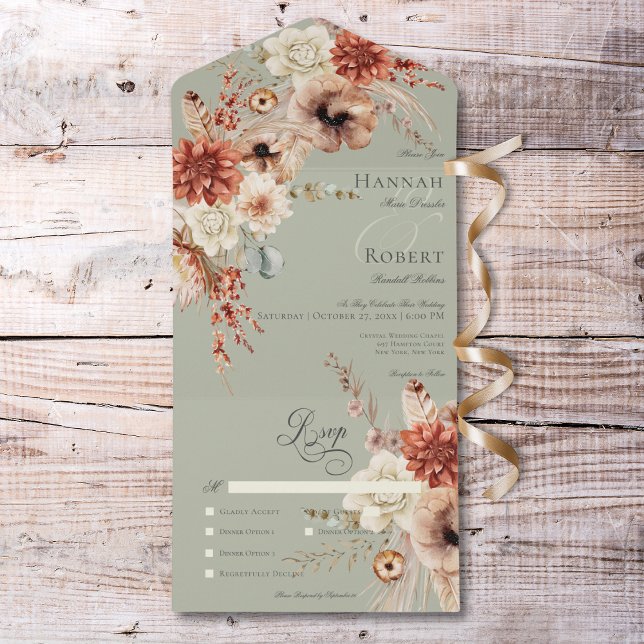 Boho Peach & Rust Floral & Feather Green Dinner All In One Einladung (Boho Peach & Rust Floral & Feather Green Dinner All In One Invitation)