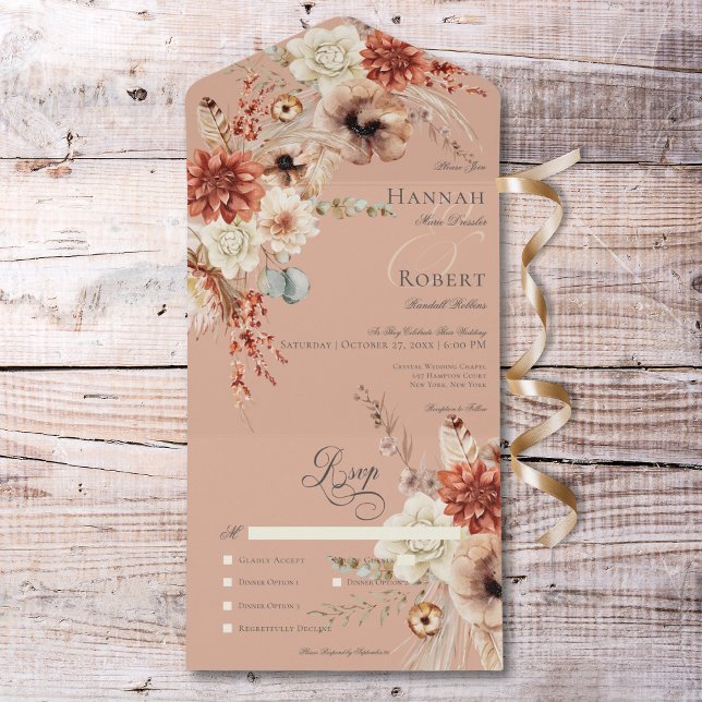 Boho Peach & Rust Floral & Feather Peach Abendesse All In One Einladung (Boho Peach & Rust Floral & Feather Peach Dinner All In One Invitation)