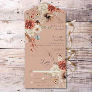 Boho Peach & Rust Floral & Feather Peach No Dinner All In One Einladung