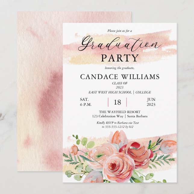 Boho Peach Watercolor Floral Graduation Party Einladung (Vorne/Hinten)