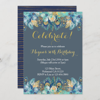 Boho Peacock Feather Gold und Marine Einladung