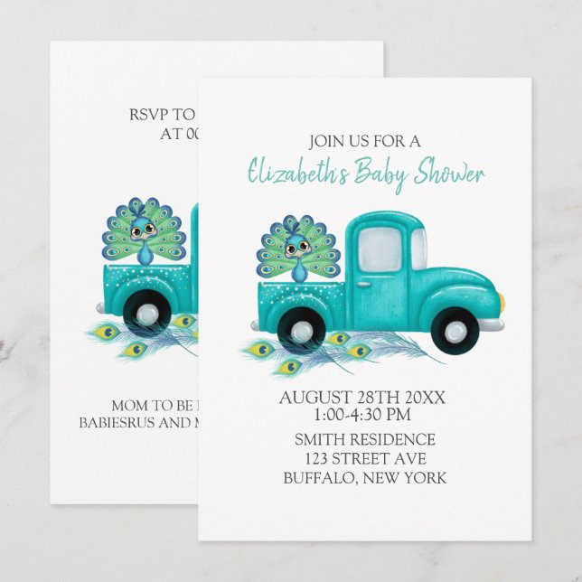 Boho Peacock Feathers Vintag Truck Baby Shower Einladung (Vorne/Hinten)
