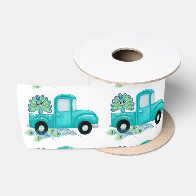 Boho Peacock Feathers Vintag Truck Baby Shower Satinband (Spule)