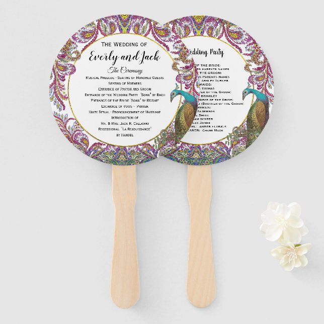 Boho Peacock Raspberry Aquamarin Gold Wedding Prog Fächer (Vorne und Hinten)