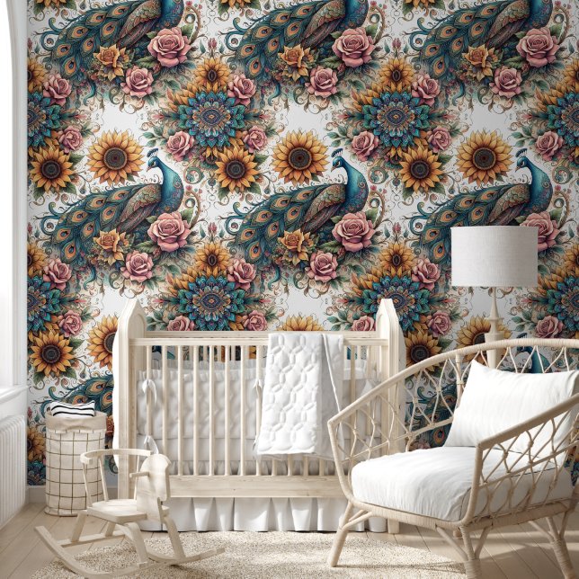 Boho Peacock & Sunflower Symphony Tapete (Kinder)