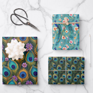 Boho Peacocks und lebendige Pfauenfeathers Florals Geschenkpapier Set