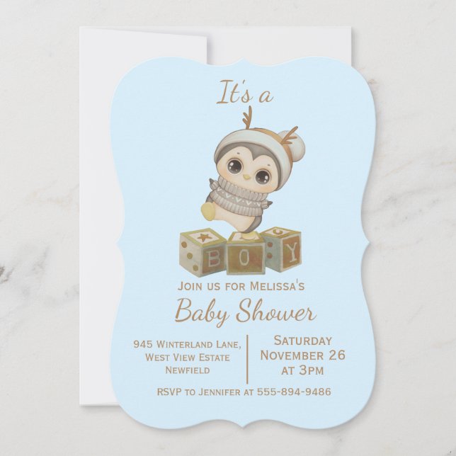 Boho Penguin Boy Baby Dusche Einladung (Vorderseite)