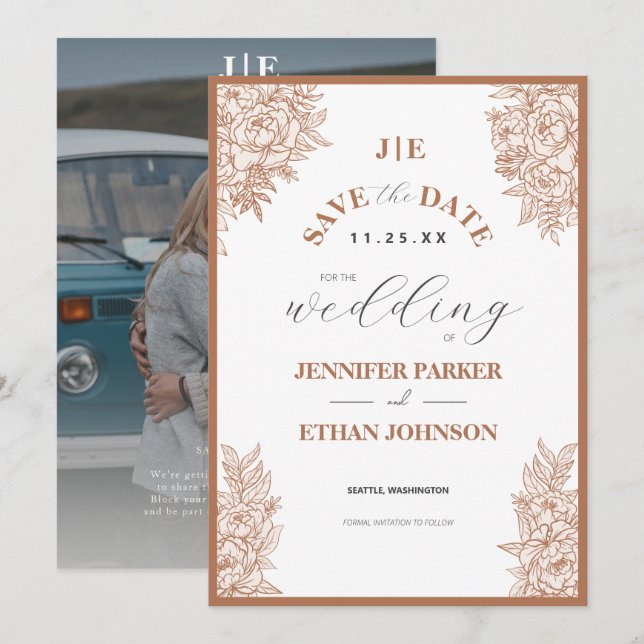 Boho Peony Botanical Foto Wedding Save The Date (Vorne/Hinten)