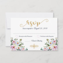 Boho Peony Navy Gold Modern Floral RSVP Card