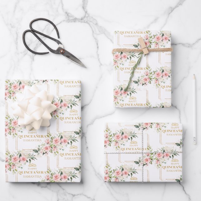 Boho personalisierte Erröten Rose Goldquinceanera Geschenkpapier Set (Vorderseite)