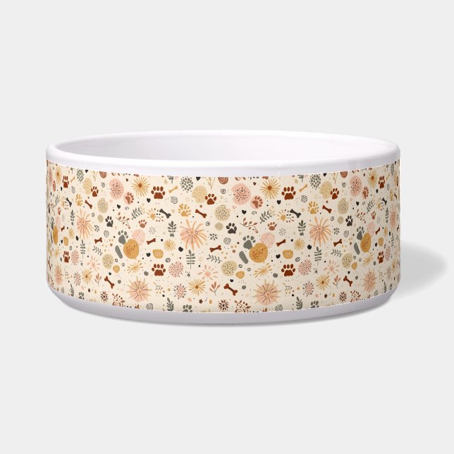 Boho Pet Food Bowl | Hand-Drawn Paw & Botanicals Napf (Vorderseite)