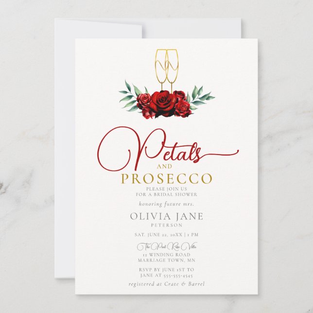 Boho Petals Prosecco Rote Rosen Gold Brautparty Einladung (Vorderseite)