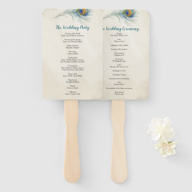 Boho-Pfauenfeder-Teal-Hochzeitsprogramm Fächer (Vorne und Hinten)