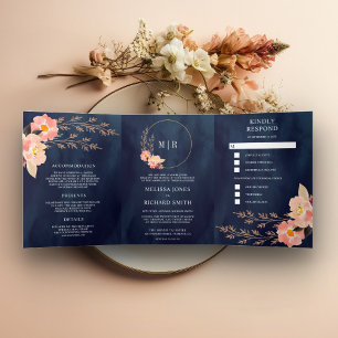 Boho Pfirsich Blumen Einheitsdesign Navy Blau Hoch Dreifach Gefaltete Einladung