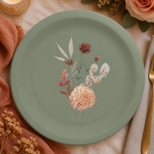 Boho Pfirsich & Rost Floral Salbei Grünes Brautbad Pappteller