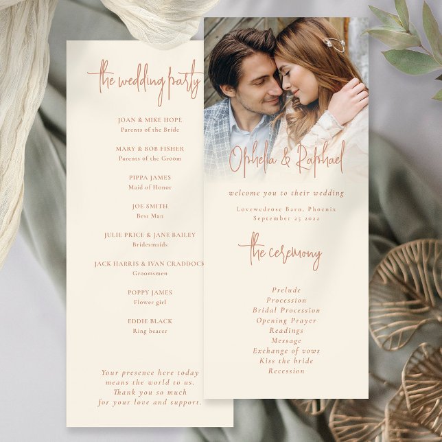 Boho Photo Script Cream Terracotta Programme de ma (Front and back view cream terracotta wedding program, either printed or as a digital download)
