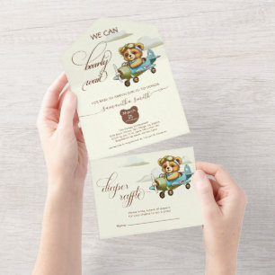 Boho Pilot Teddy Bear im Flugzeug Babydusche All In One Einladung