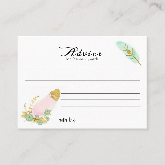 Boho Pink and Gold Feathers Advice Card Platzkarte (Vorderseite)