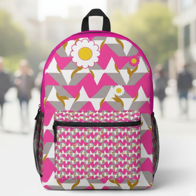 Boho Pink and Yellow Girly Backpack Bedruckter Rucksack (Bold pink pattern with floral fun. A cute everyday carry for girls who love color.)