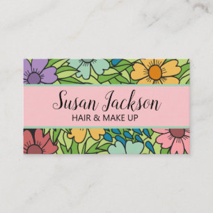 Boho Pink Aqua Gold Happy Floral Business Card Visitenkarte