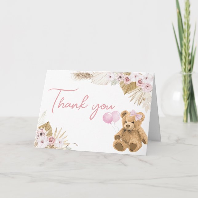 Boho Pink Bear Baby Dusche Dankeskarte (Vorderseite)