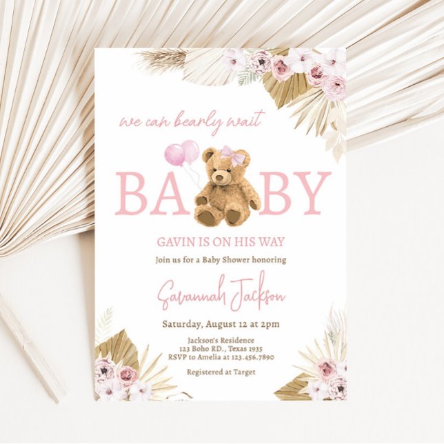 Boho Pink Bear Baby Dusche Einladung (Pink Pampas Grass Teddy Bear Baby Shower Invitation)