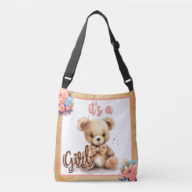Boho Pink Bear Baby Dusche Tragetaschen Mit Langen Trägern (Vorderseite)