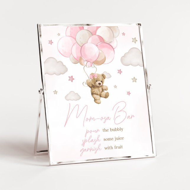Boho Pink Bear Balloon Baby Dusche Mama Osa Bar Poster (We Can Bearly Wait Pink Balloon Baby Shower Mom Osa Bar Sign)