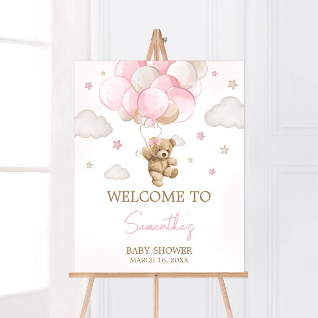 Boho Pink Bear Balloon Baby Dusche Willkommen Poster (We Can Bearly Wait Pink Balloon Baby Shower Welcome Sign)