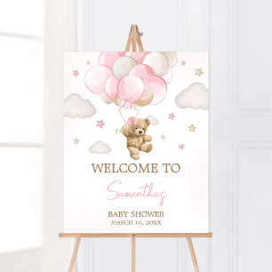 Boho Pink Bear Balloon Baby Dusche Willkommen Poster