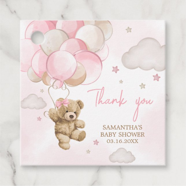 Boho Pink Bear Balloon Babydusche Geschenkanhänger (Vorderseite)