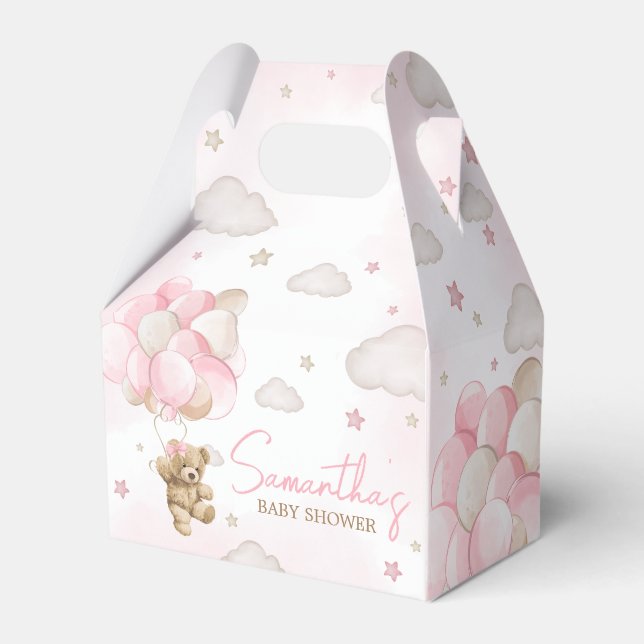 Boho Pink Bear Balloon Babydusche Geschenkschachtel (Vorderseite)