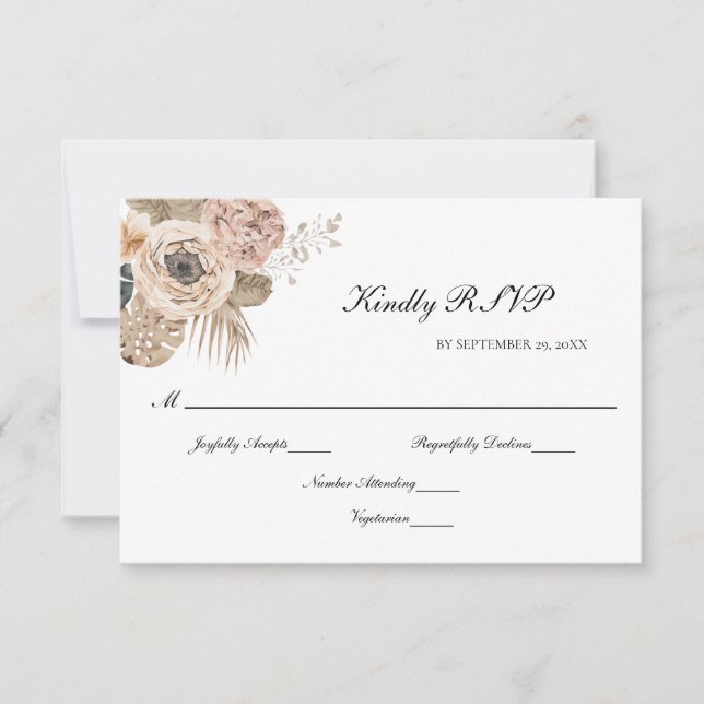 Boho Pink Beige Botanische Hochzeit RSVP Karte (Vorderseite)