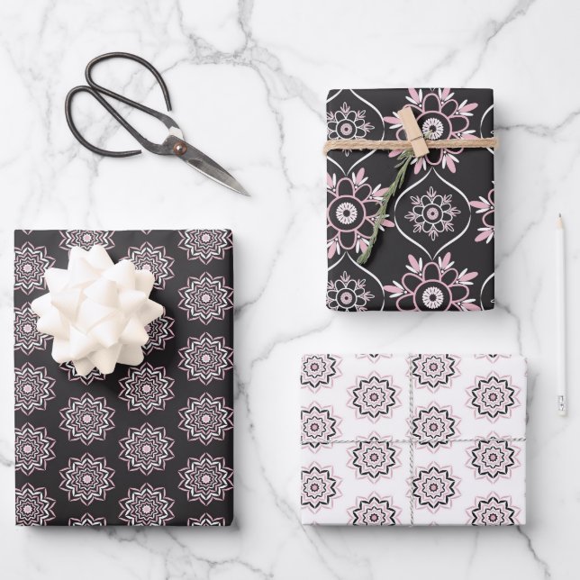 Boho Pink & Black Mandala Geschenkpapier Set (Vorderseite)
