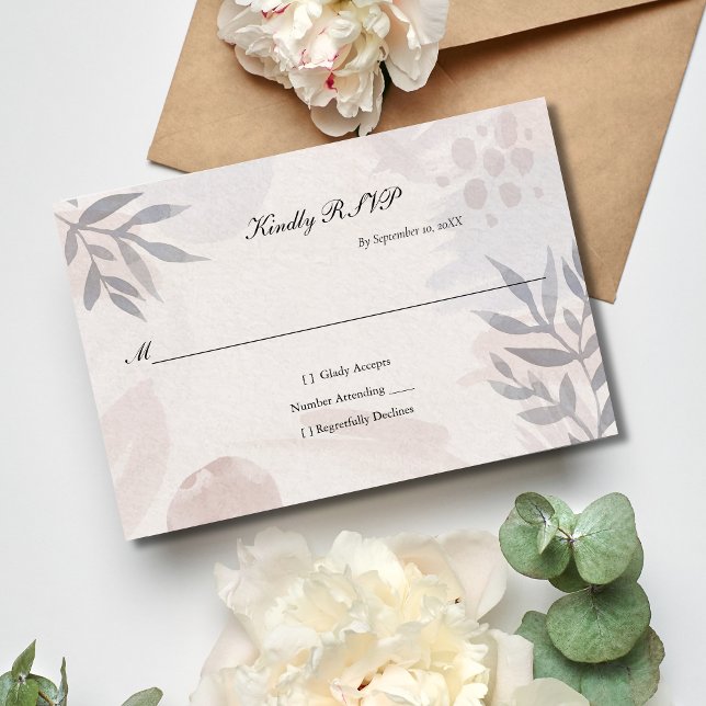 Boho Pink Blue Botanical Blätter Hochzeit Wasserfa RSVP Karte (Boho blush pink blue gray botanical leaves abstract shapes Wedding RSVP card)