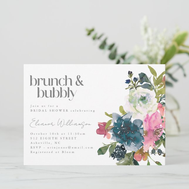 Boho Pink Blue Floral Bridal Brunch Bubbly Dusche Einladung (Stehend Vorderseite)