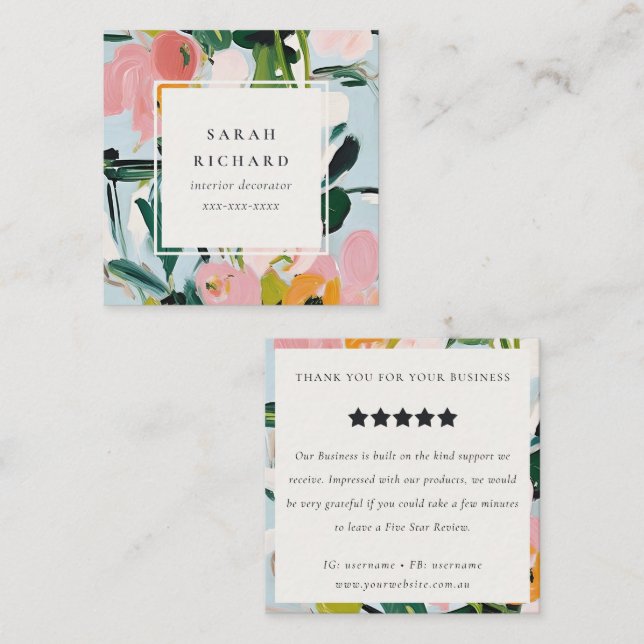 Boho Pink Blue Green Painted Floral Review Request Quadratische Visitenkarte (Vorne/Hinten)