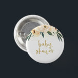 Boho Pink Blume & Gold Baby Dusche Button<br><div class="desc">Ein böhmisches Design mit "Babydusche" in einem gebürsteten goldfarbenen Drehbuch, gerahmt von handgemalten, rosa Aquarellfarben-Blume und Goldkonfetti. Dieses Design eignet sich hervorragend für Duschen mit Blumenmotiven.</div>