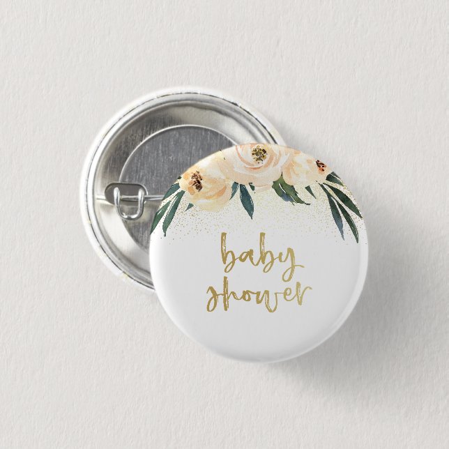 Boho Pink Blume & Gold Baby Dusche Button (Vorne & Hinten)
