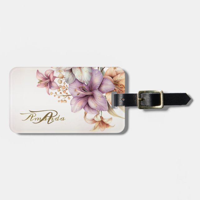 Boho Pink Blume Wasserfarben Elegant Stilvoll Gepäckanhänger (Vorderseite horizontal)